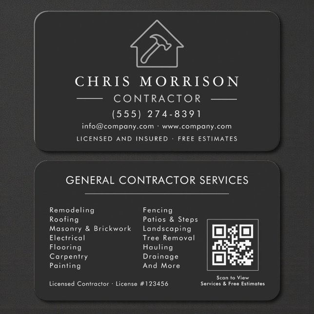 Professional Black & Silver Contractor QR Code Visitkort (Skapare uppladdad)
