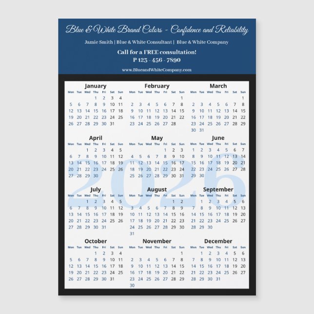 Professional Blue White Black 2026 Calendar Magnet (Framsida)