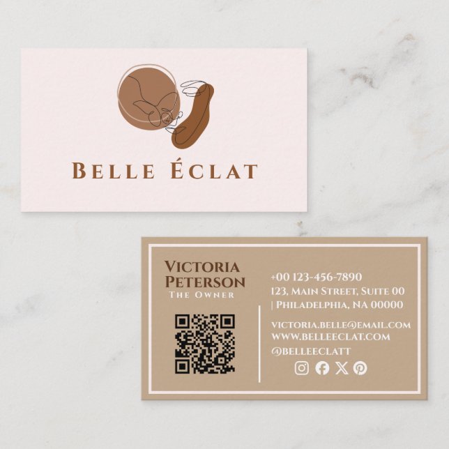 Professional Boho Lineart Beige White QR Code  Visitkort (Fram/baksida)