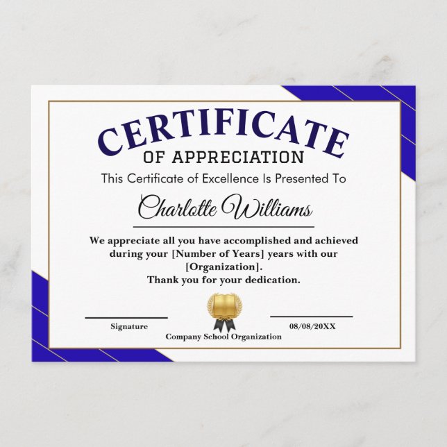 Professional Certificate of Appreciation Award Tilläggskort (Framsida)