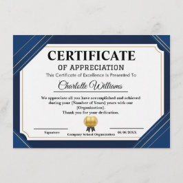 Professional Certificate of Appreciation Blue Gold Tilläggskort