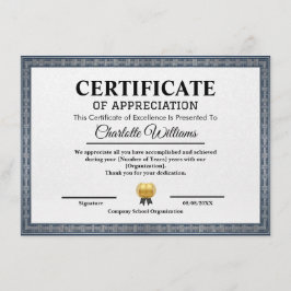 Professional Certificate of Appreciation Template Tilläggskort