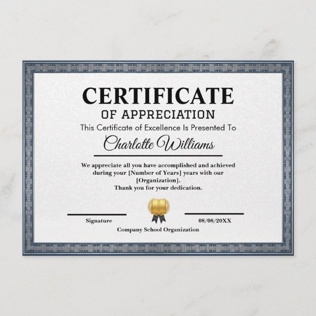 Professional Certificate of Appreciation Template Tilläggskort (Framsida)