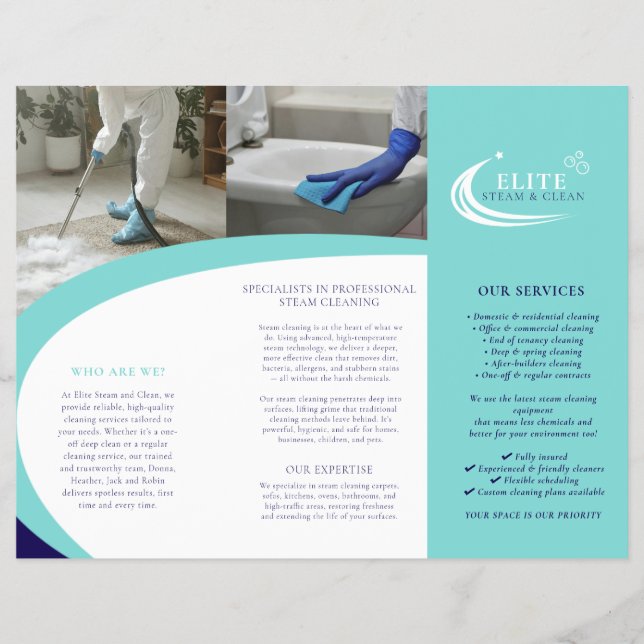 Professional cleaning services leaflet aqua blue reklamblad (Framsidan)