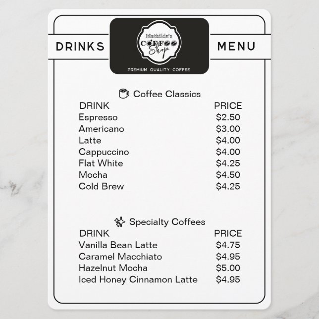 Professional Coffee Shop Personalized Drinks Menu Meny (Framsida)