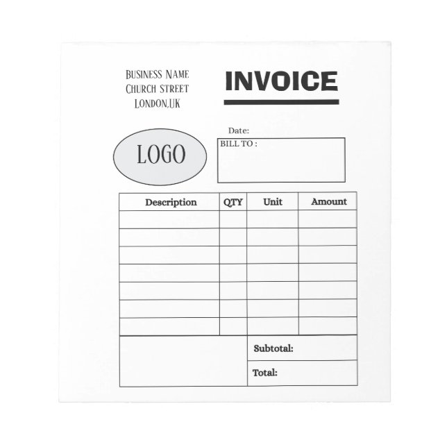 Professional custom business invoice anteckningsblock (Framsida)