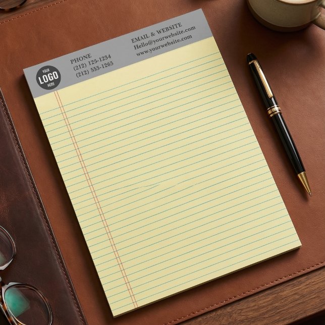 Professional Custom Business Logo Grey Notepad  Anteckningsblock (Professional Custom Business Logo Notepad with Yellow Ruled Lines)