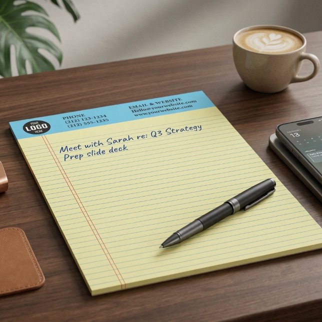 Professional Custom Business Logo Yellow Notepad  Anteckningsblock (Professional Custom Business Logo Notepad with Blue Ruled Lines)