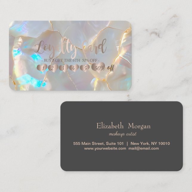 Professional Elegant Rose Gold Hearts Opal Stone Lojalitetskort (Fram/baksida)