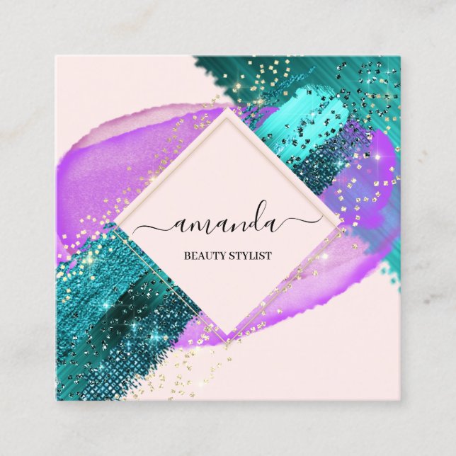 Professional Framed Gold Beauty Logo Purple Teal Fyrkantigt Visitkort (Framsida)