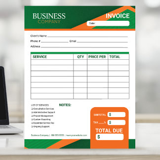 Professional Green with Orange Stripe Invoice Form Anteckningsblock