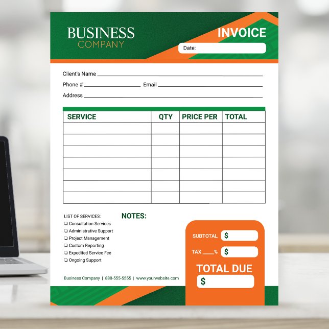 Professional Green with Orange Stripe Invoice Form Anteckningsblock (Skapare uppladdad)