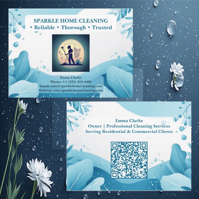 Professional Home Cleaning Services Logotyp QR-kod Visitkort (Professional Home Cleaning Services Logo QR Code Business Card)
