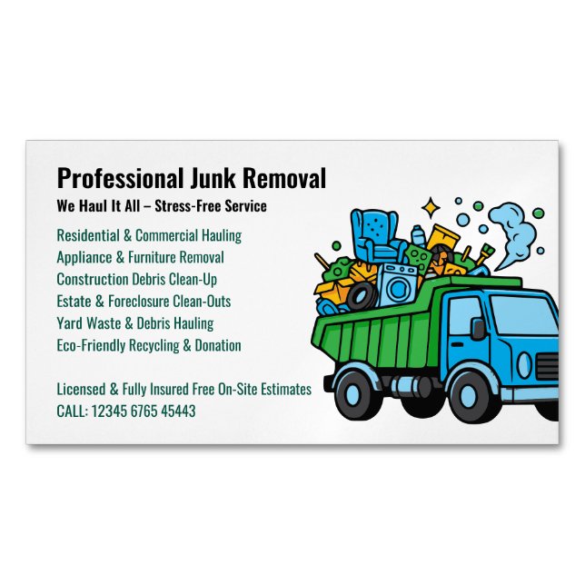 Professional Junk Removal Hauling Services Truck Magnetiska Visitkort (Framsida)