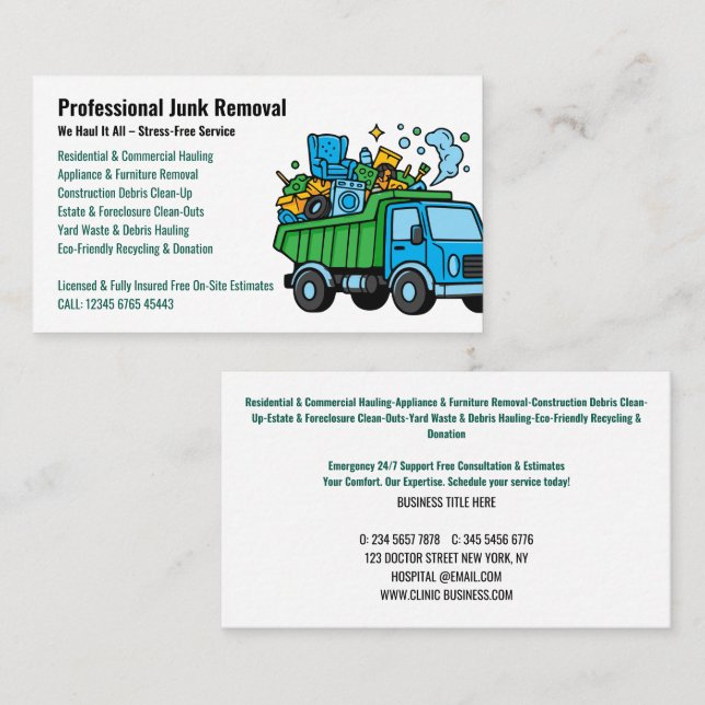 Professional Junk Removal & Hauling Services Visitkort (Fram/baksida)