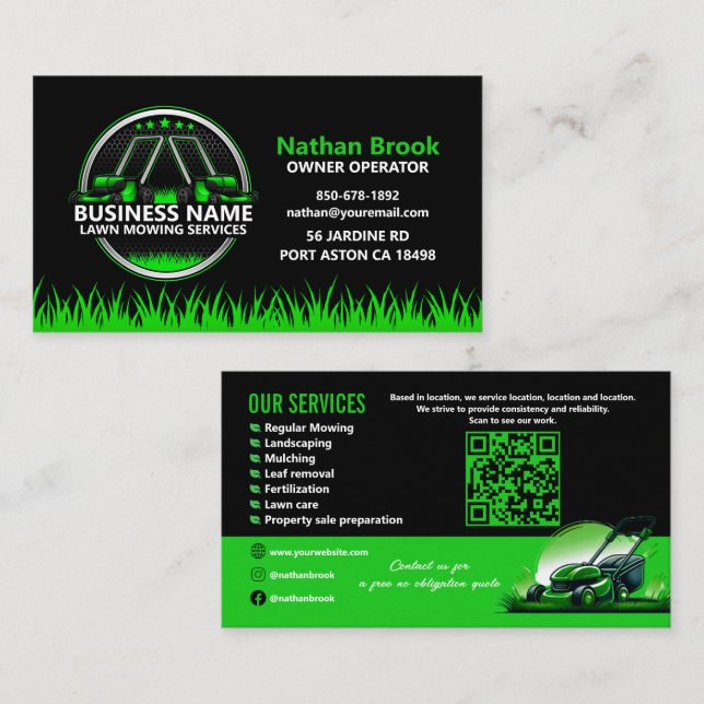 Professional Lawn Care Landscaping Green Black QR Visitkort (Fram/baksida)