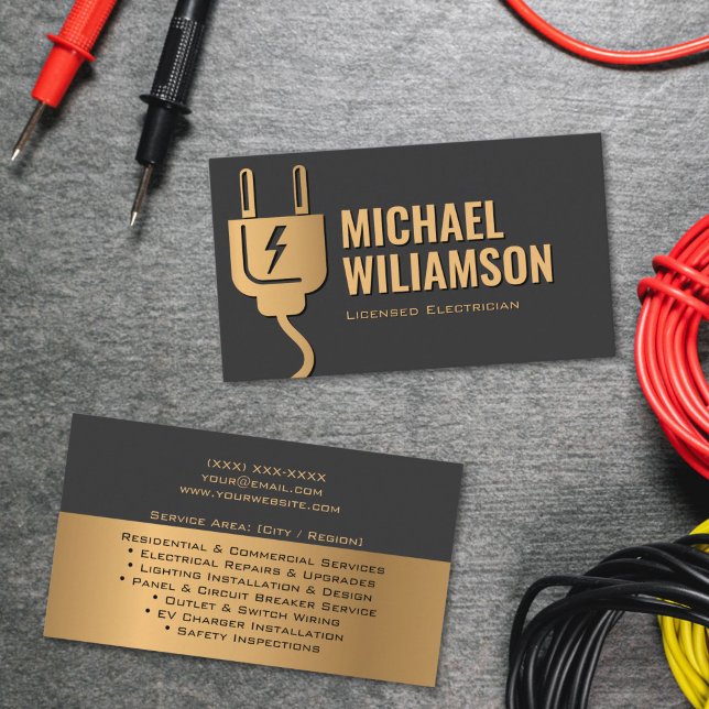 Professional Licensed Electrician Electrical Work Visitkort (Electrician services business card with black and gold color scheme, contact details and service lis)