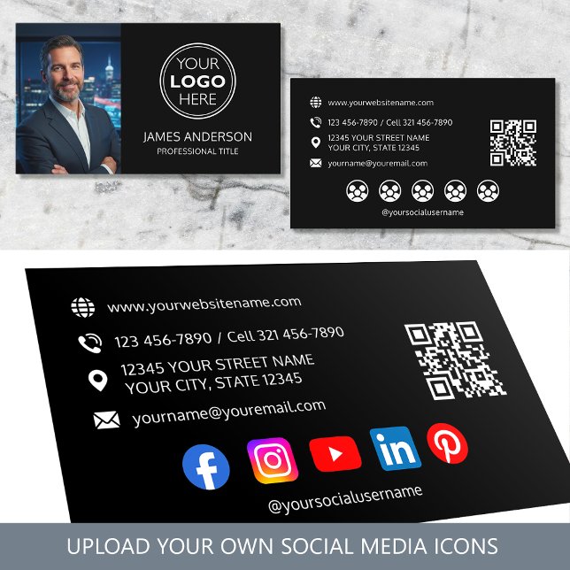Professional Logo Photo Social Media QR Code Black Visitkort (Skapare uppladdad)