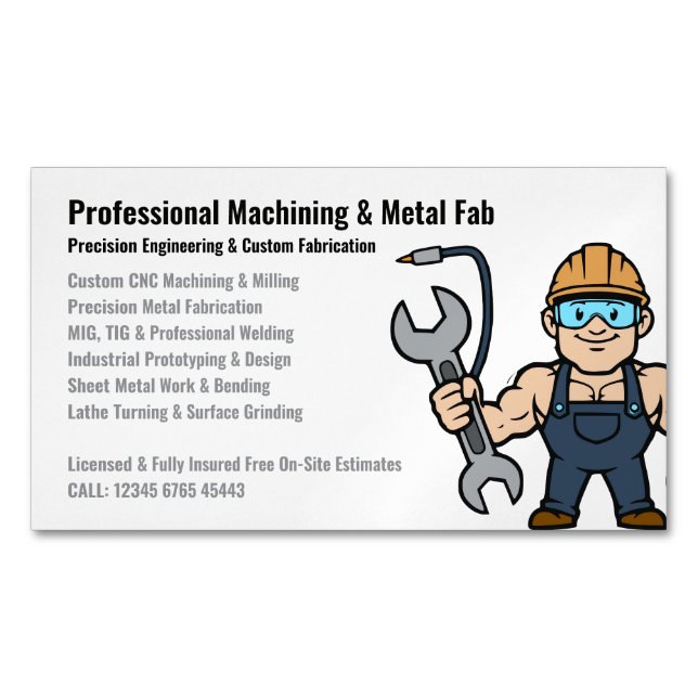 Professional Machining Metal Fabrication Cartoon Magnetiska Visitkort (Framsida)