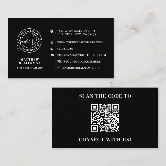 Professional Minimalist QR Code Logo Black Visitkort (Fram/baksida)