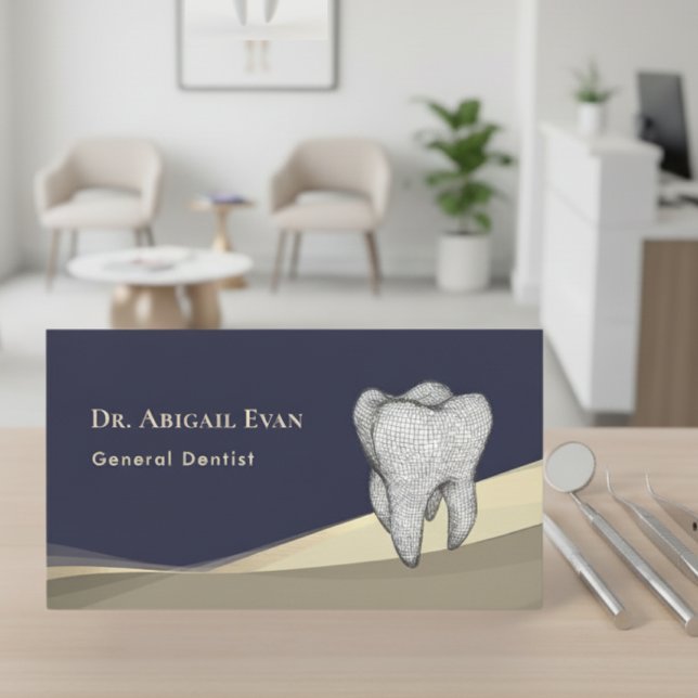 Professional Navy Blue Gold 3D Tooth Icon Dentist Visitkort (Professional Navy Blue Gold 3D Tooth Icon Dentist Business Card)