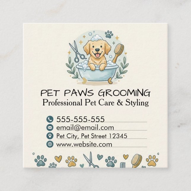 Professional Pet Groomer Square Business Card  Fyrkantigt Visitkort (Framsida)