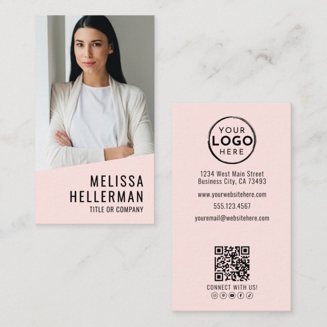 Professional Photo QR Code Logo Blush Pink Visitkort (Fram/baksida)