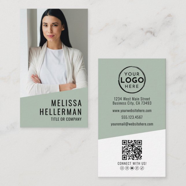 Professional Photo QR Code Logo Green Vertical Visitkort (Fram/baksida)
