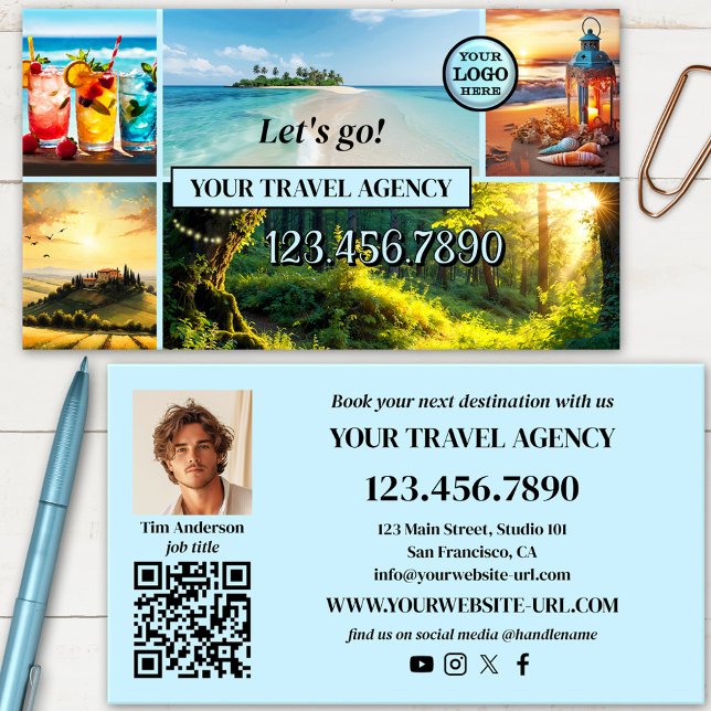 Professional Photo Travel Agency Business Card Visitkort (Feel-good professional travel agency business card featuring a photo grid with your custom photos)