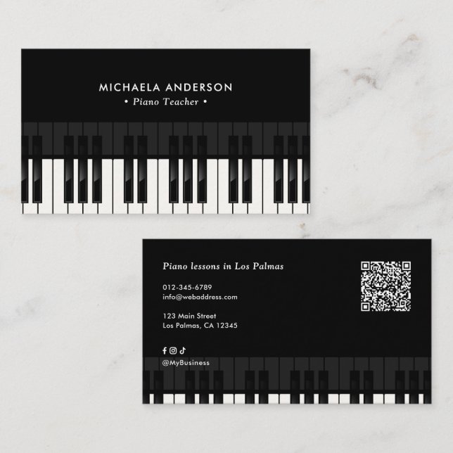 Professional Piano Teacher QR Code & Social Media Visitkort (Fram/baksida)