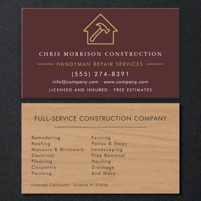 Professional Wood Grain Burgundy Handyman Visitkort (Skapare uppladdad)
