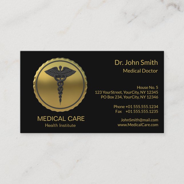 Professionell 3D guld-kaduceus-emblem medicinsk Visitkort (Framsida)