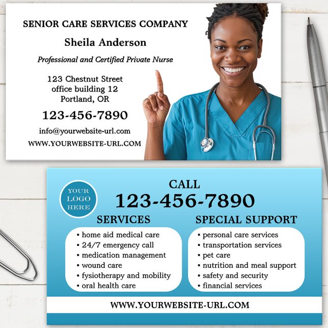 Professionell äldreomsorgsfoto visitkort (Elderly medical home care nurse business card with custom photo and list of services)