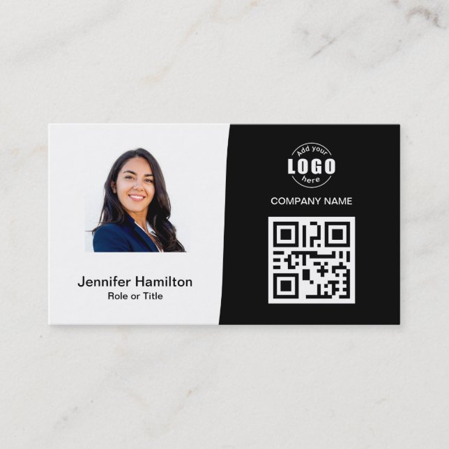 Professionell anpassad QRCode-foto svart & vit Visitkort (Framsida)