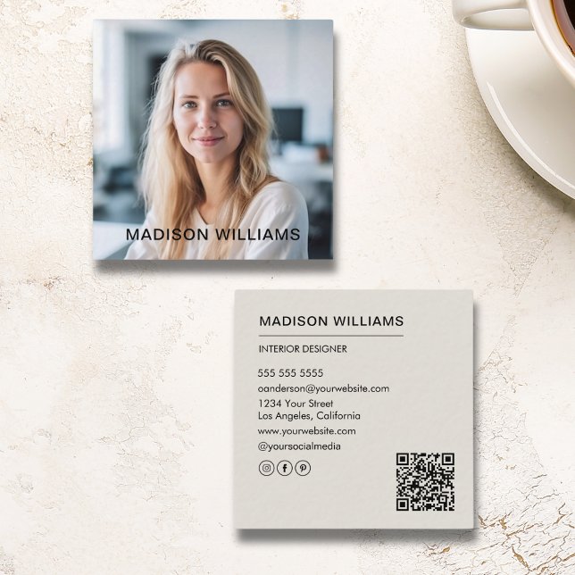 Professionell Anpassningsbar Foto QR Social Media Fyrkantigt Visitkort (Professional Custom Photo QR Social Media Square Business Card)