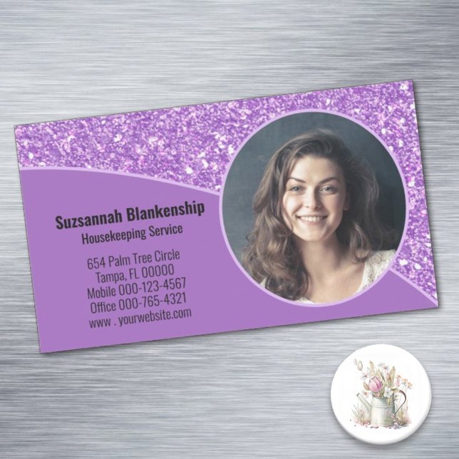 Professionell Anpassningsbar Photo Lila Faux Glitt Magnetiska Visitkort (Present magnet business cards so customers can affix to a refrigerator or file cabinet.)