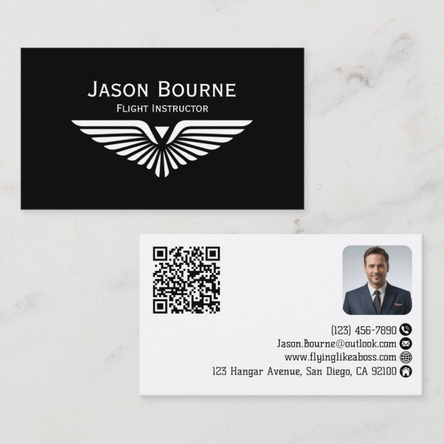 Professionell Anställd Foto QR-kod Flygplanspilot Visitkort (Fram/baksida)