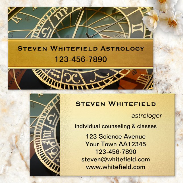 Professionell Astrolog AffärsKort Visitkort (Professional business card for an astrologer featuring an image of the astrological clock.)