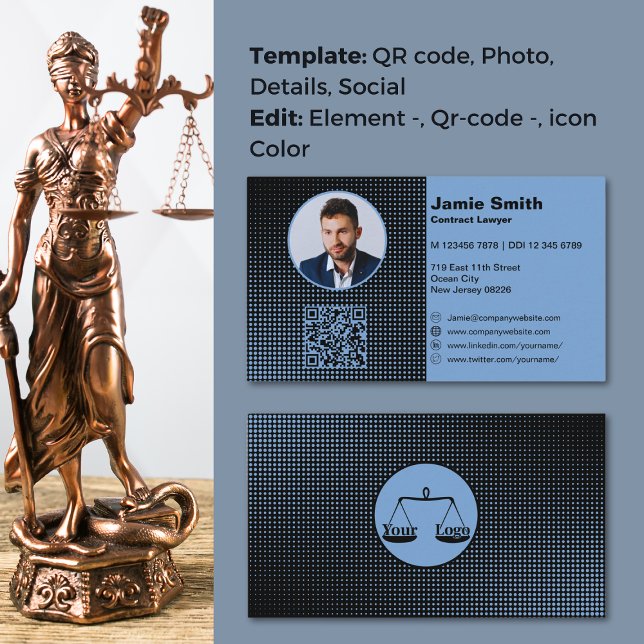 Professionell Attorney Lawyer Blue Affärskorts Lojalitetskort (Blue Lawyer Business Card, your logo, profile photo, QR-code, physical & virtual details)