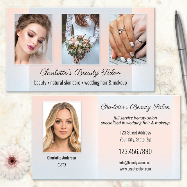 Professionell av Photo Portfolio Beauty Salon Visitkort (Elegant business card featuring your custom photos on a dusty blue and peach design)