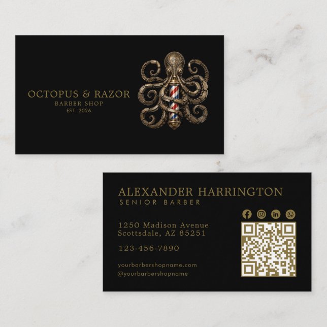 Professionell Barber Shop Bronze Bläckfisk Qr Kod Visitkort (Fram/baksida)