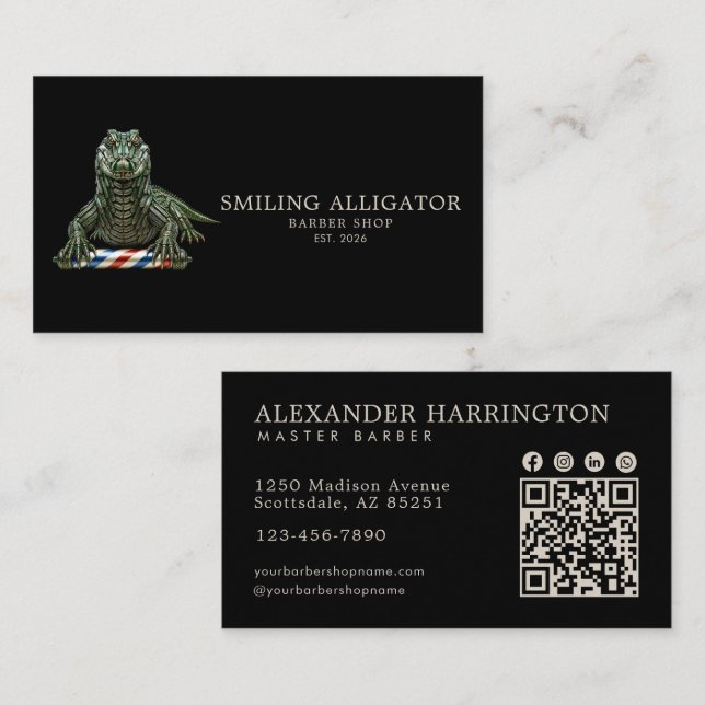 Professionell Barber Shop Emerald Alligator Qr Kod Visitkort (Fram/baksida)