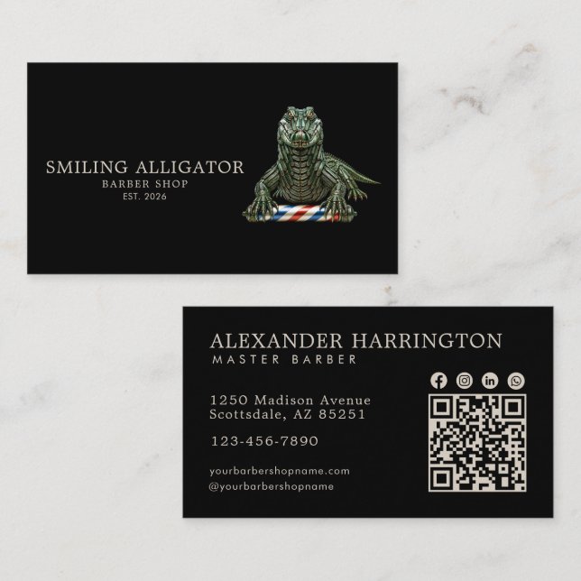 Professionell Barber Shop Emerald Alligator Qr Kod Visitkort (Fram/baksida)