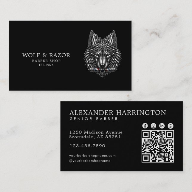 Professionell Barber Shop Silver Wolf Qr Kod Visitkort (Fram/baksida)