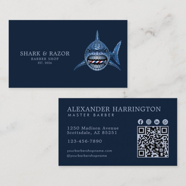 Professionell Barber Shop Stålhaj Qr-kod Visitkort (Fram/baksida)