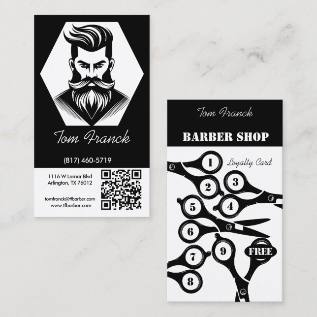 Professionell barberarsalong svart&vit lojalitet o visitkort (Fram/baksida)
