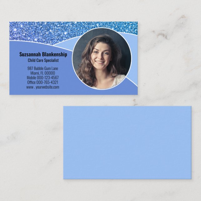Professionell barnskötare Foto Blå Falsk Glitter Visitkort (Fram/baksida)
