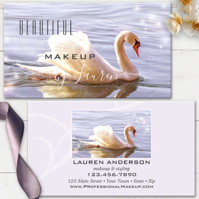 Professionell Beauty Svan Makeup Photo Visitkort (Business card featuring a beautiful swan in sparkling water - beautician, makeup artist, stylist)