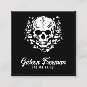 Professionell Black and White Skull Tattoo Artist Fyrkantigt Visitkort