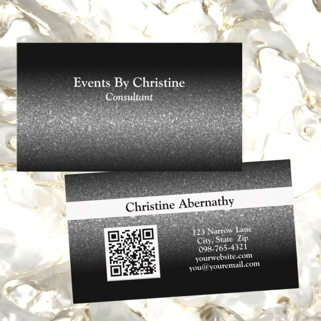 Professionell Black Glitter Ombre Minimalist QR Visitkort (front and back template business card with QR code)
